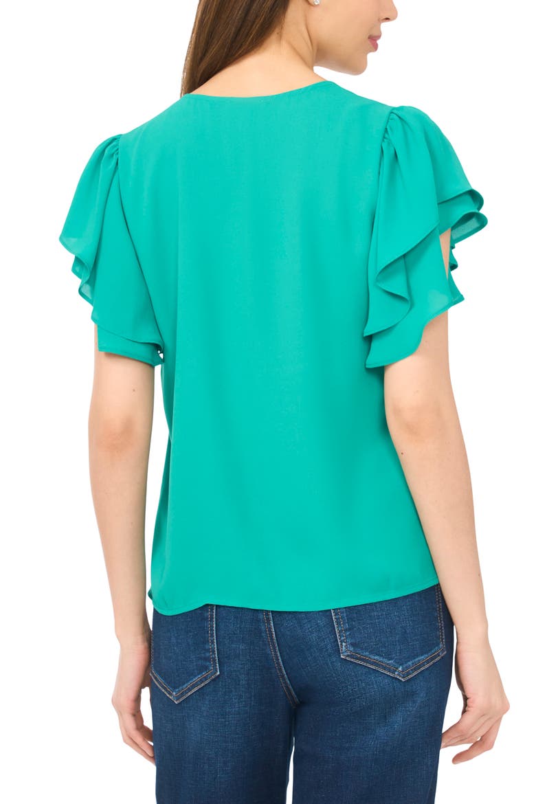 Double Flutter Sleeve V-Neck Top, Alternate, color, EVERGLADE