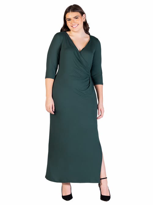 24seven Comfort Apparel Fitted V-neck Side Slit Maxi Dress In Green