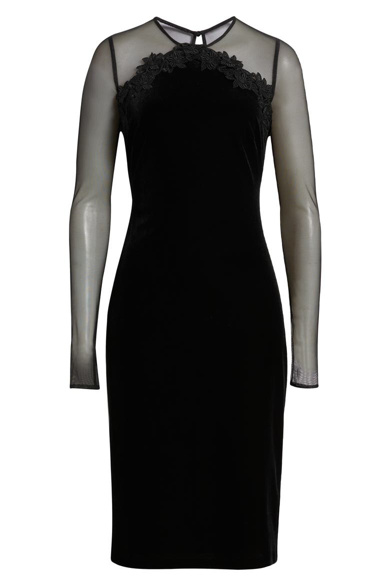 Floral Appliqué Long Sleeve Velvet Cocktail Dress, Alternate, color, BLACK