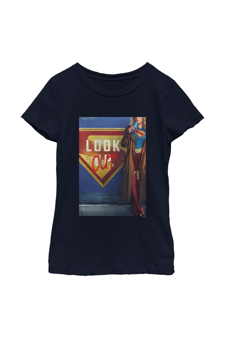 Girl's Supergirl Official Look Out Poster  Graphic T-Shirt, Main, color, Navy Blue