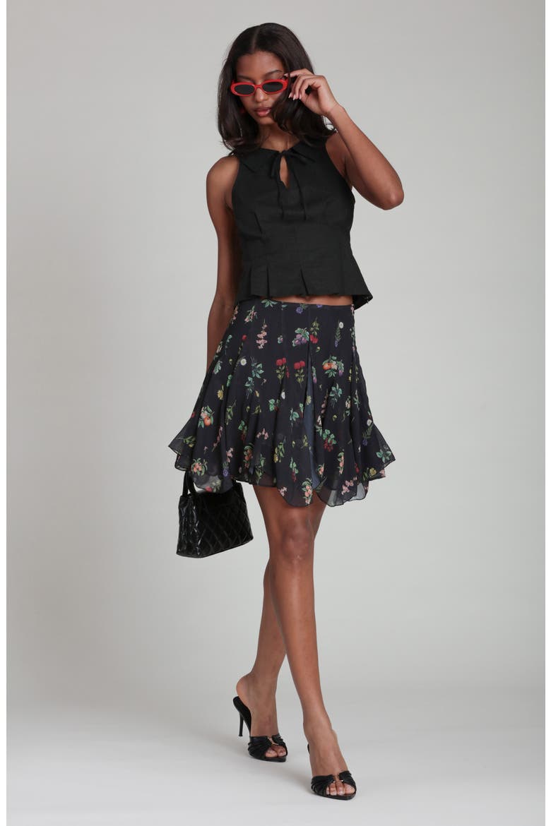 Floral Print Ruffle Miniskirt, Alternate, color, BLACK BOTANICAL