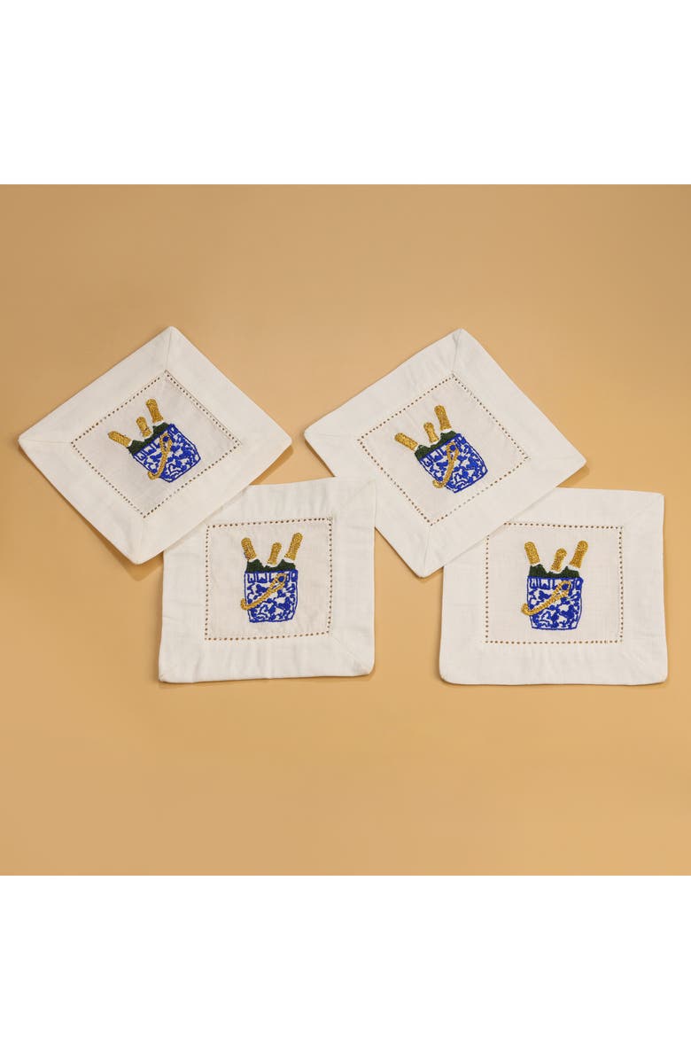 Tiramisu Bubbly Bliss Embroidered Linen Cocktail Napkins, Alternate, color, Blue/ Gold