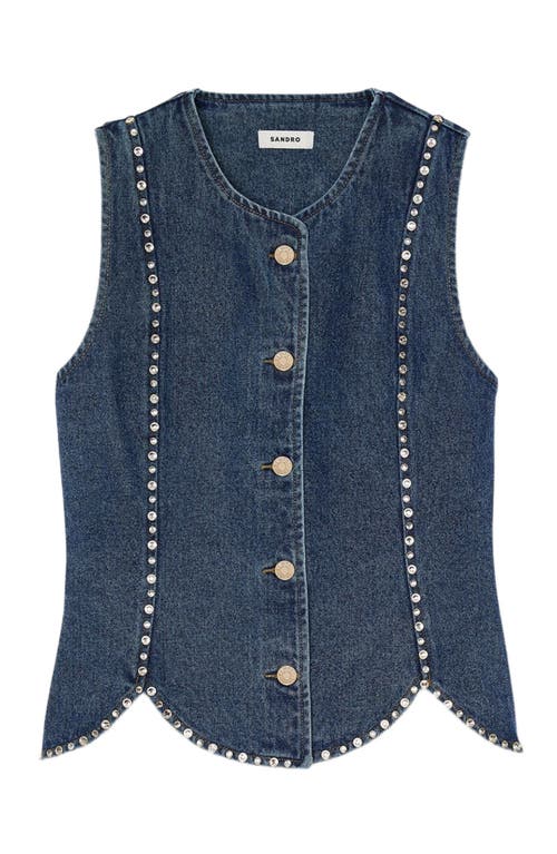 Sandro Rhinestone Denim Top In Blue