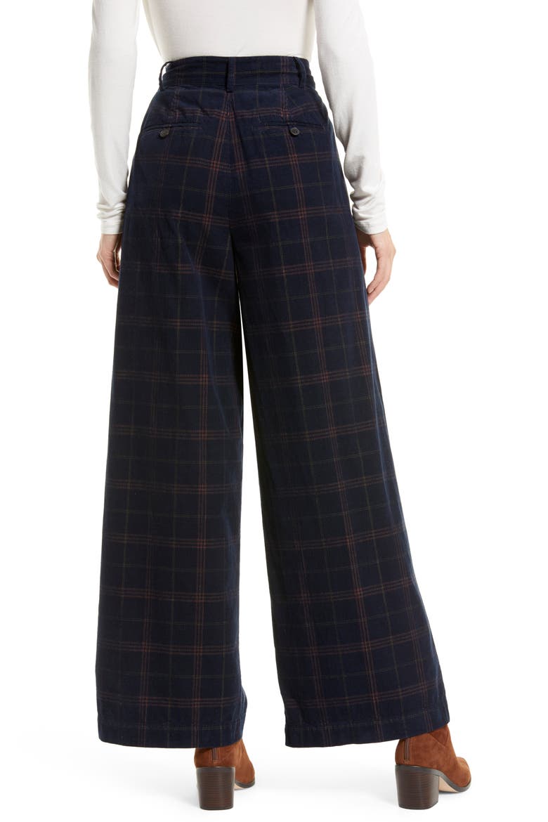 Windowpane Plaid Pleated Corduroy Wide Leg Pants, Alternate, color, BLUE MULTI PLAID AP