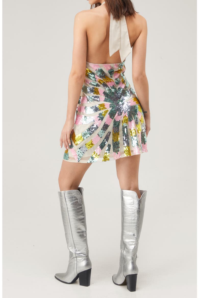 Tie Dye Sequin Palm Plunge Halter Minidress, Alternate, color, WHITE