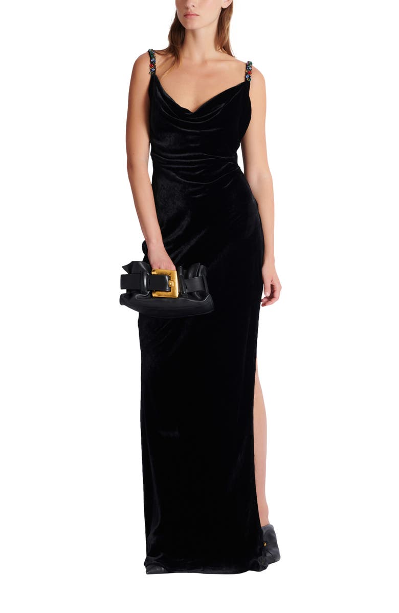 Balmain Long velvet dress with embellished straps, Alternate, color, Black