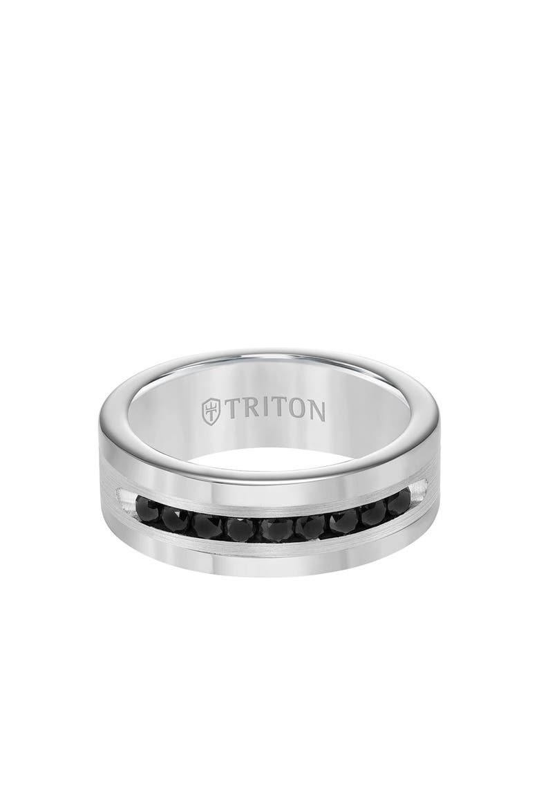 8MM Ring with Channel Set Black Diamonds Silver Satin Finish and Round Edge, Alternate, color, Metallic Silver