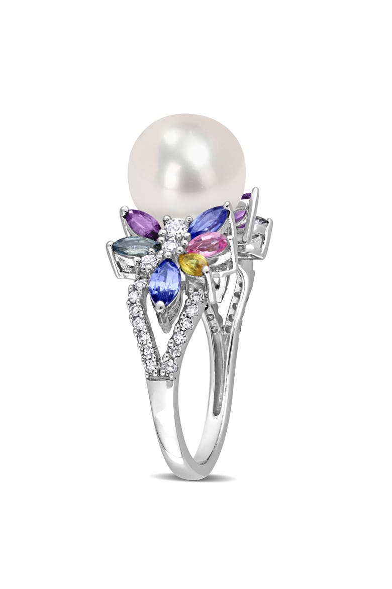 Pearl & Multi Sapphire Diamond Flower Ring 14k, Alternate, color, Freshwater Pearl