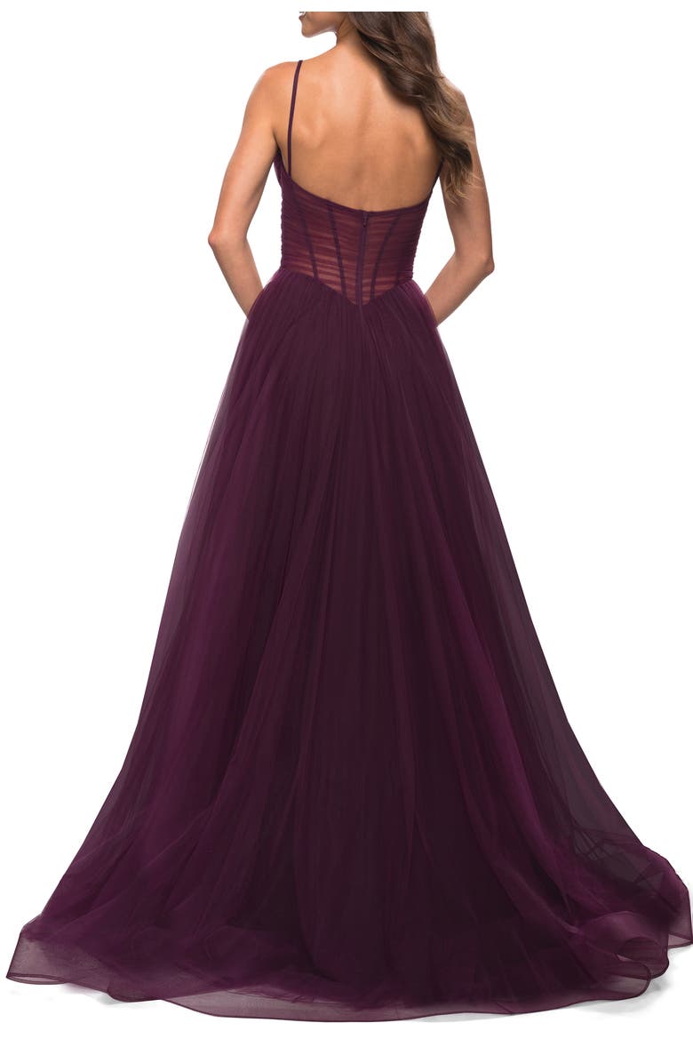 La Femme Tulle A-line Prom Dress with Corset Sheer Bodice, Alternate, color, Dark Berry