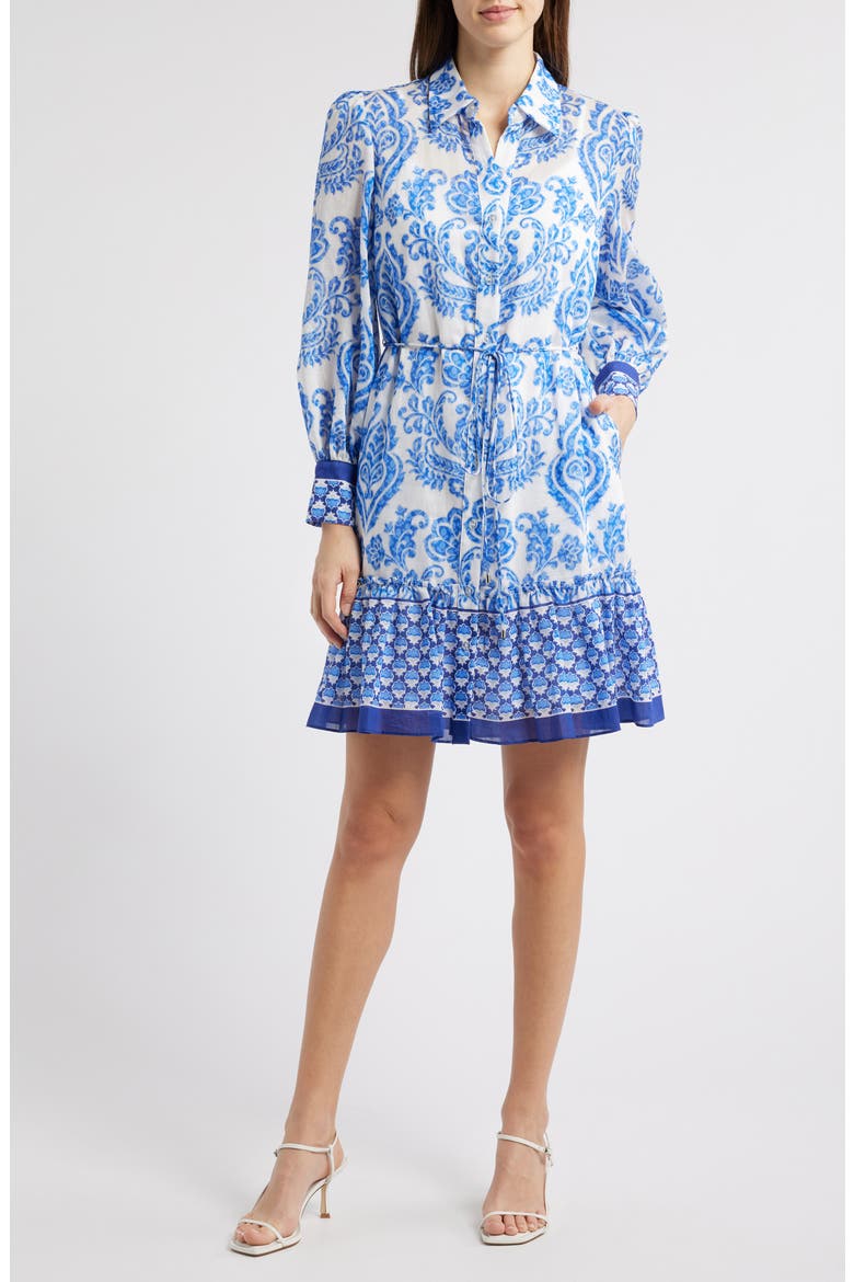 Mixed Print Long Sleeve Shirtdress, Main, color, IVORY/ BLUE