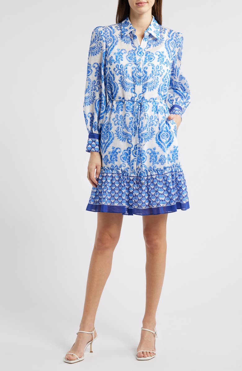 Julia Jordan Mixed Print Long Sleeve Shirtdress, Main, color, Ivory/ Blue