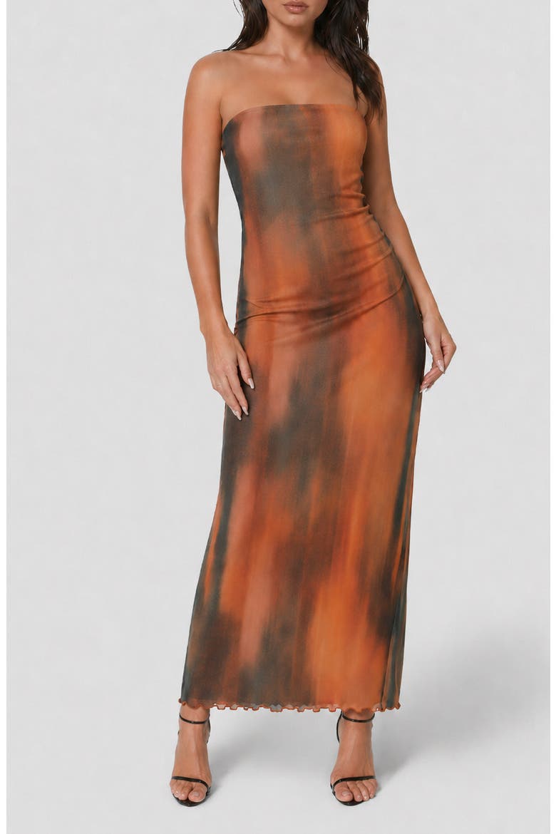 Printed Mesh Strapless Maxi Dress, Main, color, BROWN MULTI