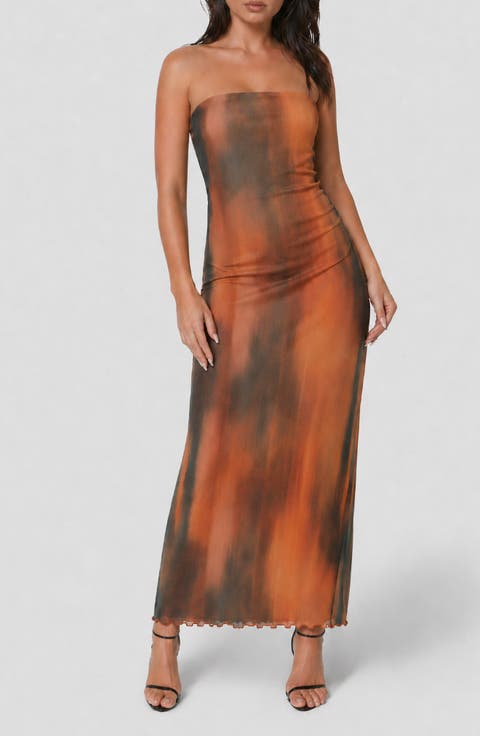 Printed Mesh Strapless Maxi Dress