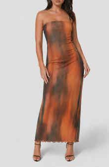 Printed Mesh Strapless Maxi Dress