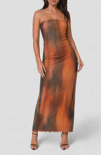 Printed Mesh Strapless Maxi Dress