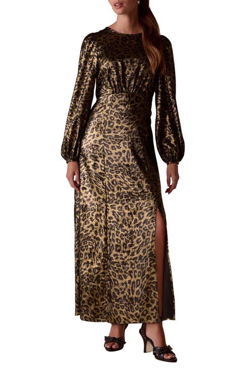 Metallic Animal Print Long Sleeve Maxi Dress