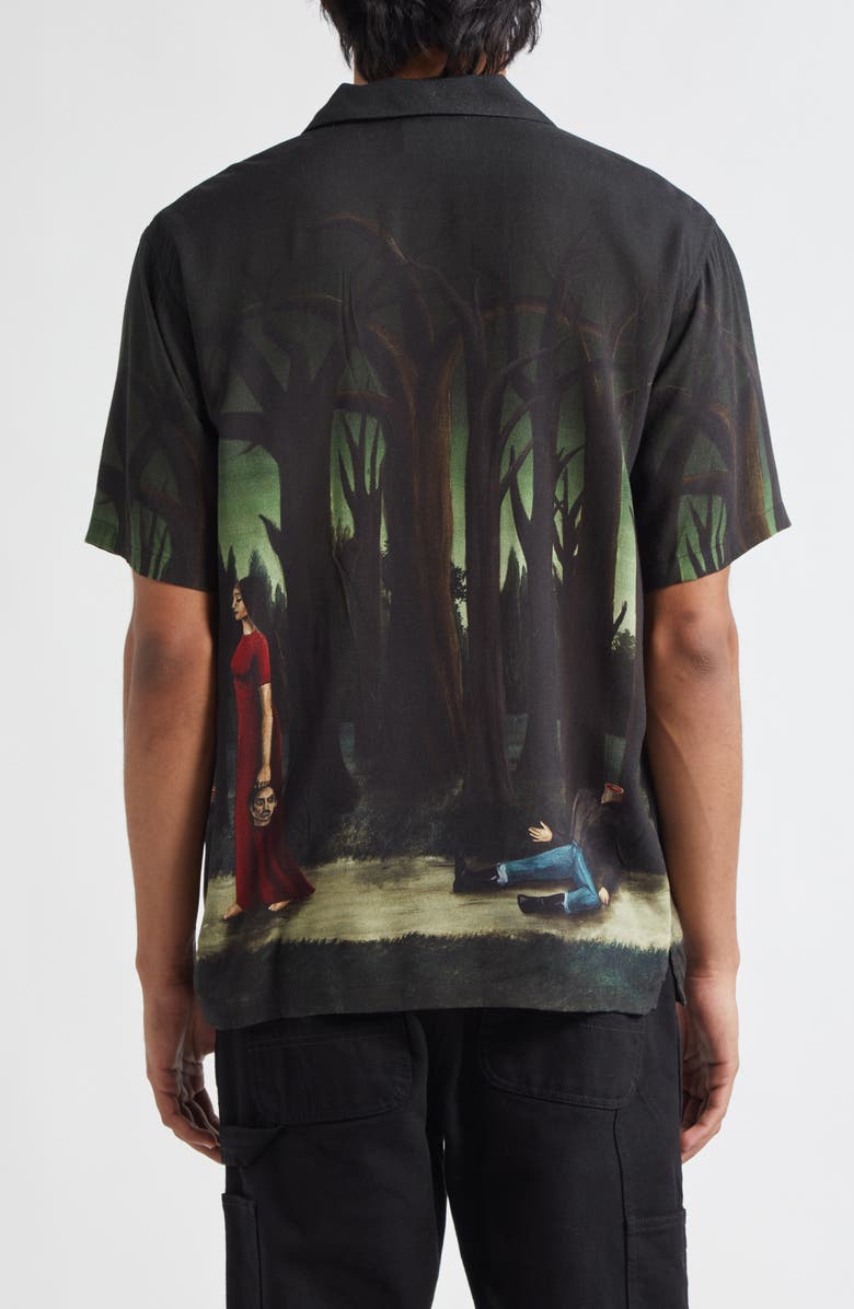 ENDLESS JOY In the Pines Border Silk Twill Button-Up Shirt, Alternate, color, Black Multi