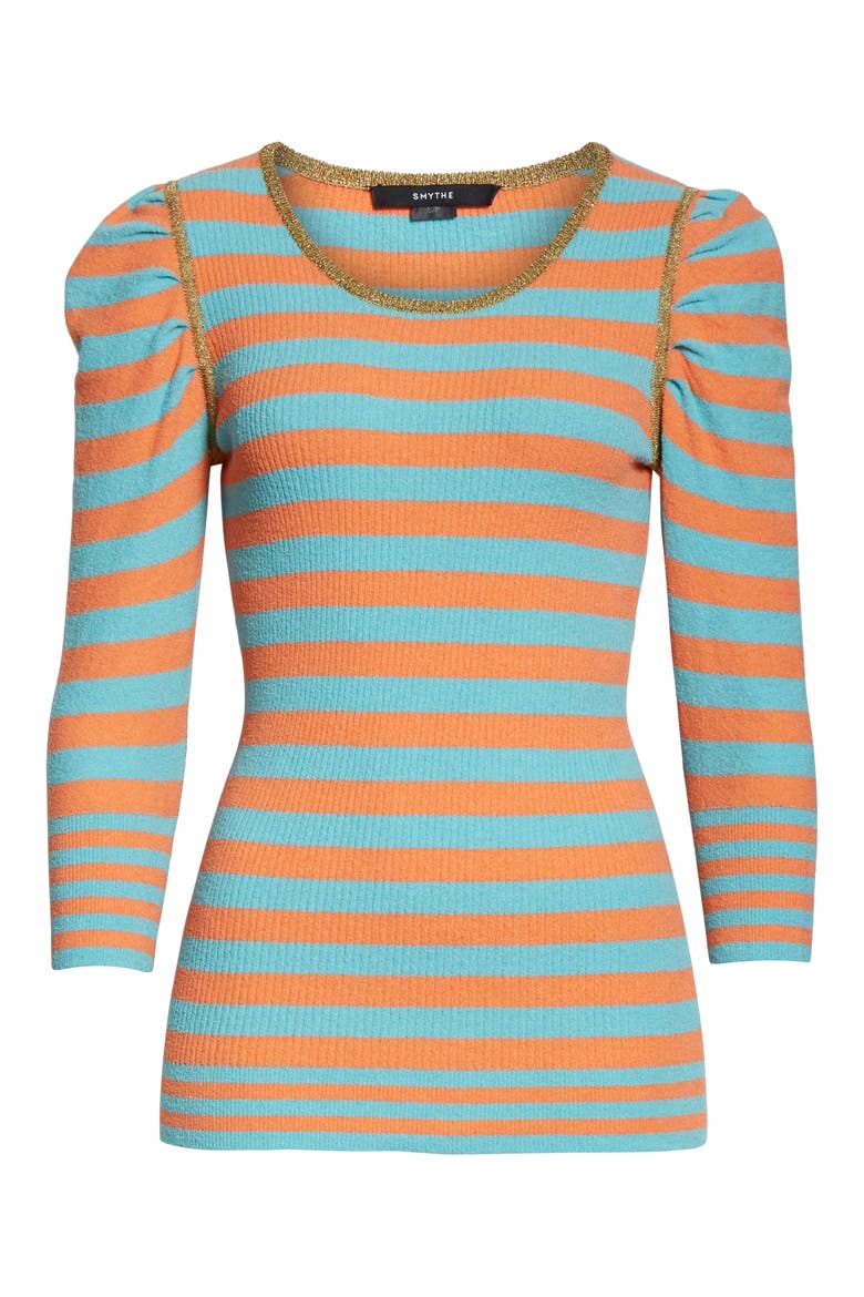 Stripe Rib Puff Sleeve Cotton Blend Sweater, Alternate, color, TANGERINE STRIPE W GOLD