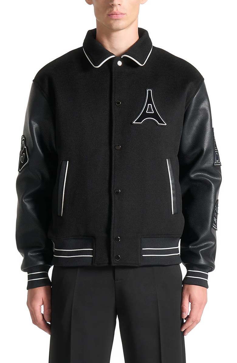 Manière De Voir Oscar Mona Lisa Wool Blend Varsity Jacket, Alternate, color, Black