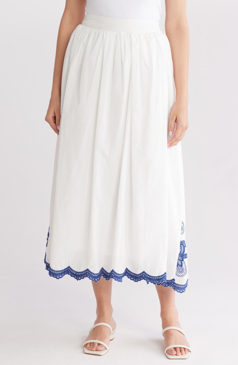 Forgotten Grace Embroidered Midi Skirt, Main, color, White/ Blue