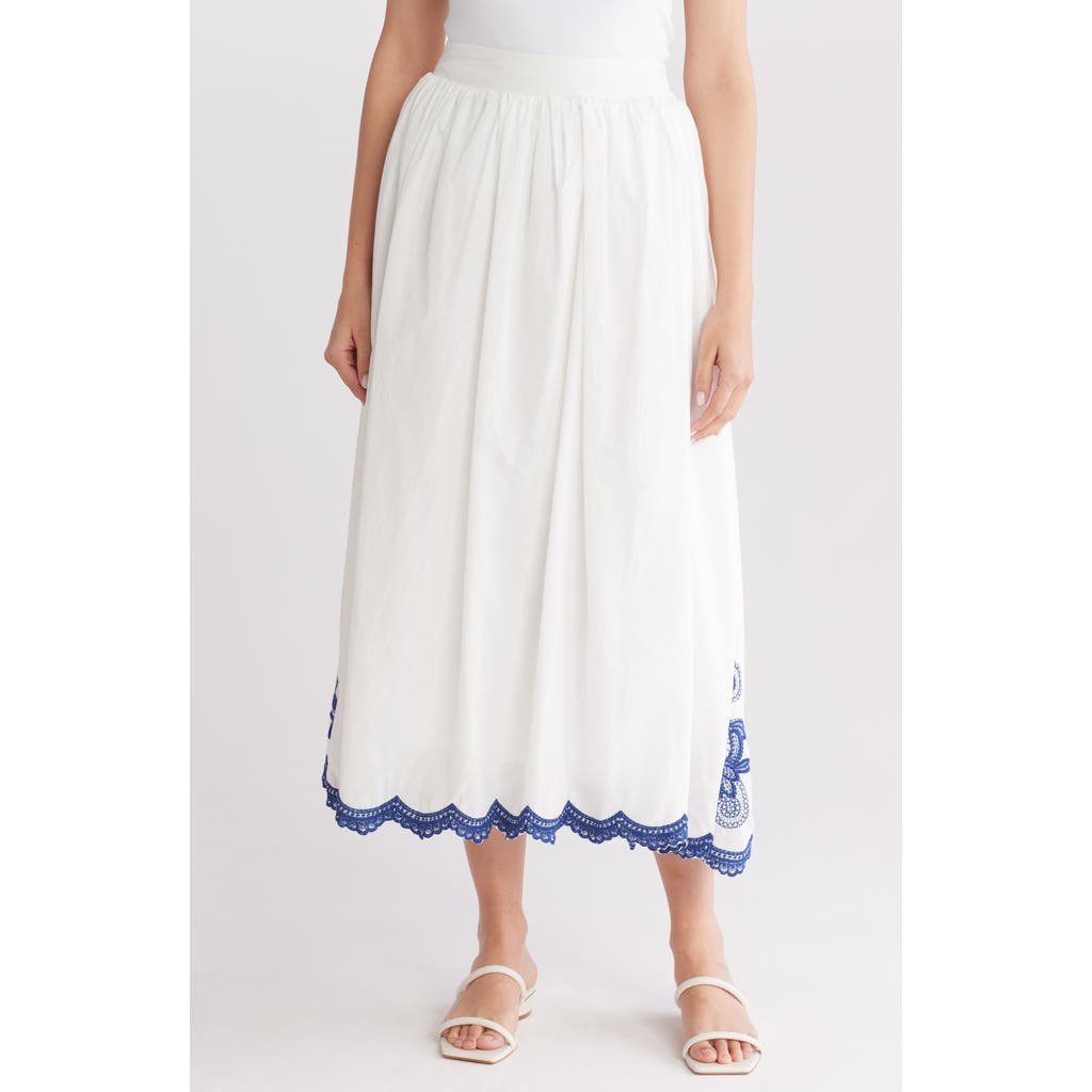 Forgotten Grace Embroidered Midi Skirt In White/blue