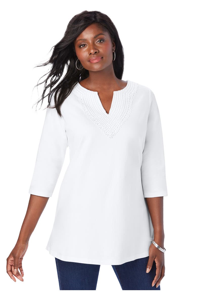 Stretch Cotton Crochet Notch Neck Tunic, Main, color, WHITE CROCHET