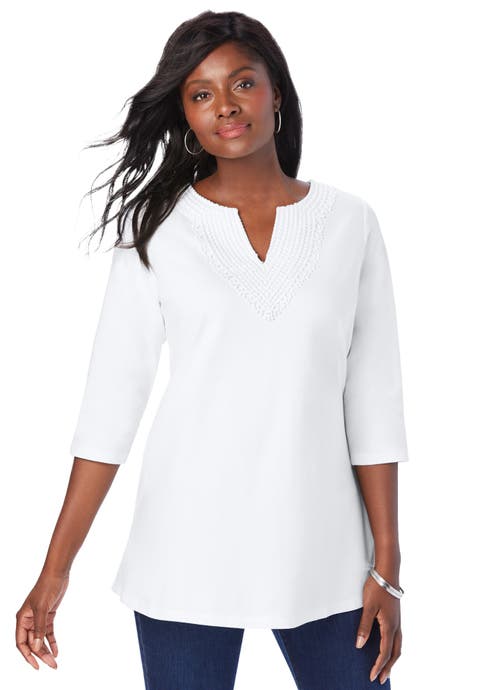 Stretch Cotton Crochet Notch Neck Tunic (Plus Available)