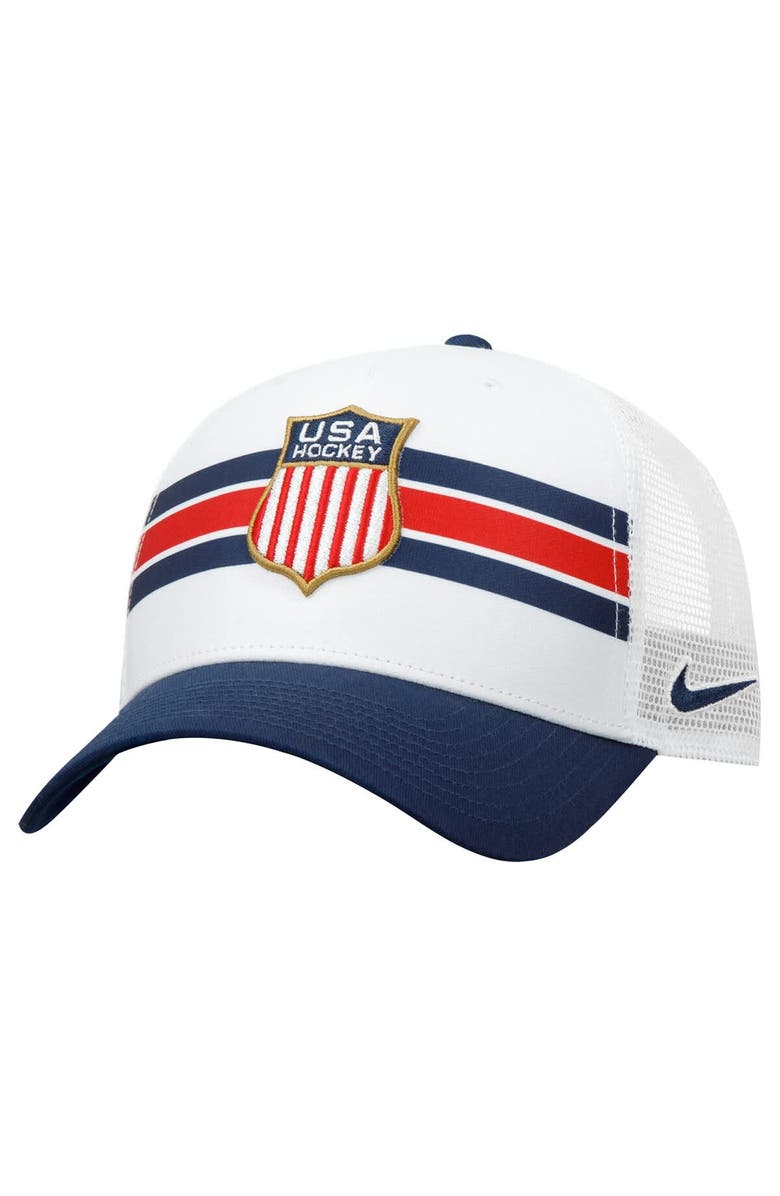 Nike Men's Nike White US Hockey Crest Striped Rise Trucker Adjustable Hat, Main, color, White