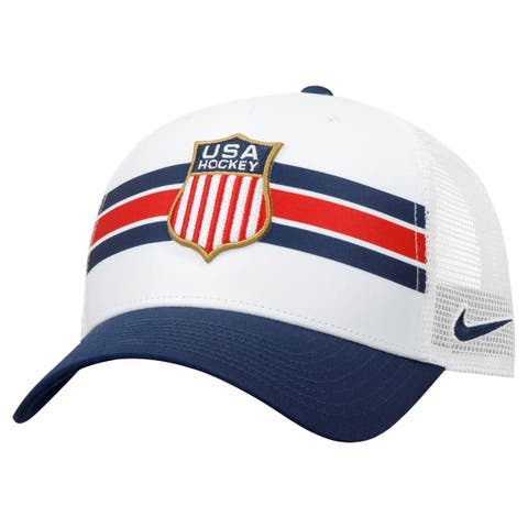 Men's Nike White US Hockey Crest Striped Rise Trucker Adjustable Hat