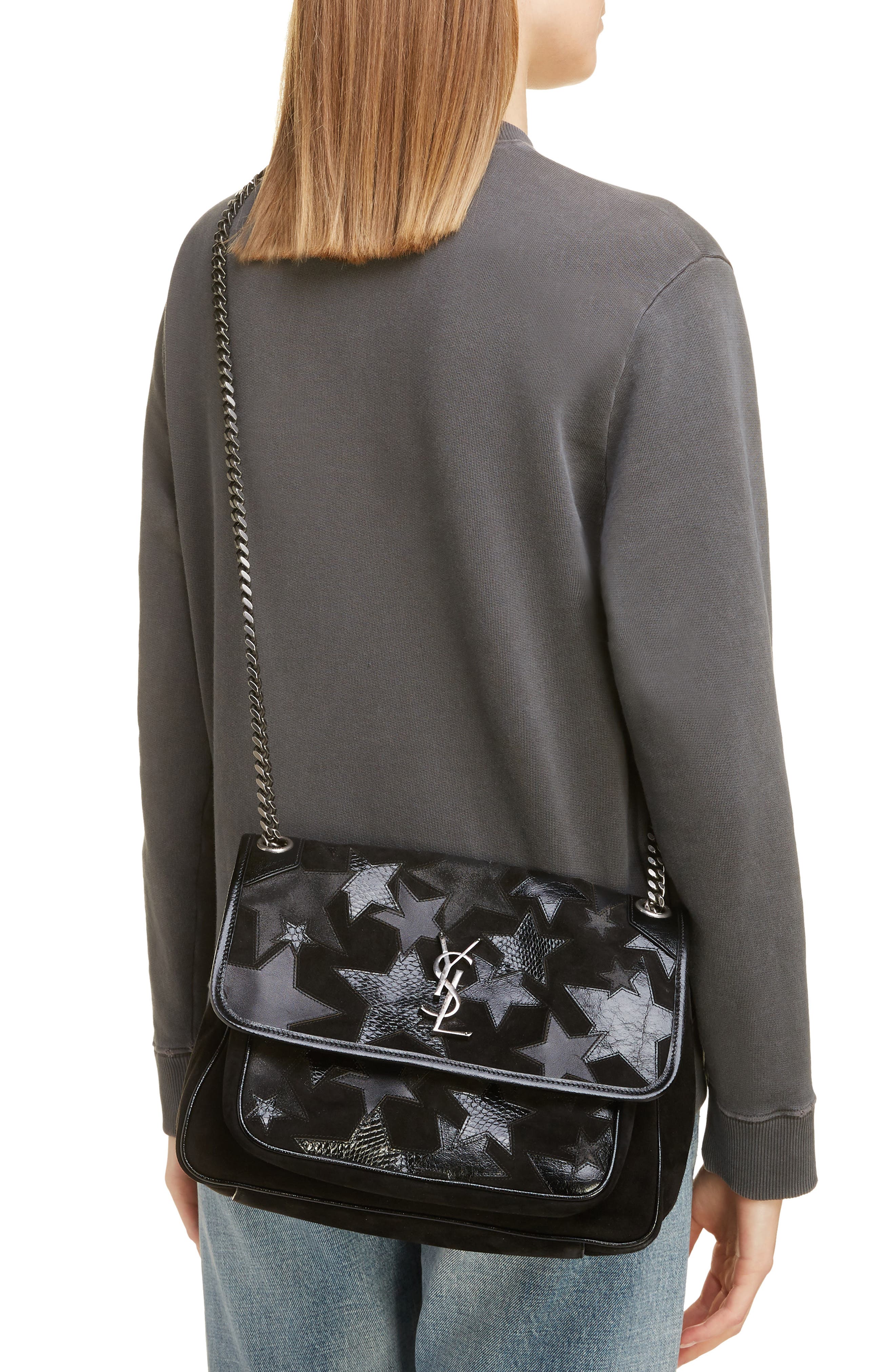 Medium Niki Patchwork Suede Shoulder Bag, Alternate, color, NOIR
