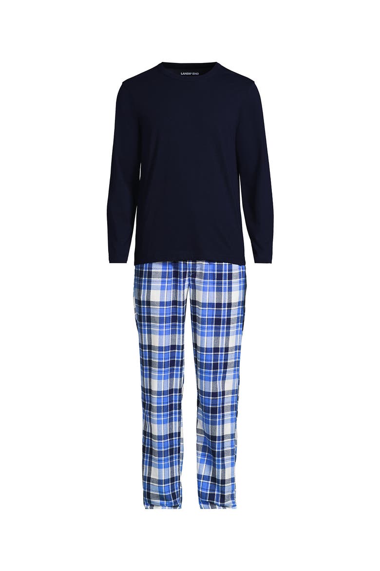 Long Sleeve Tee And Flannel Pant Sleep Set, Alternate, color, Muted Cobalt Blue Plaid