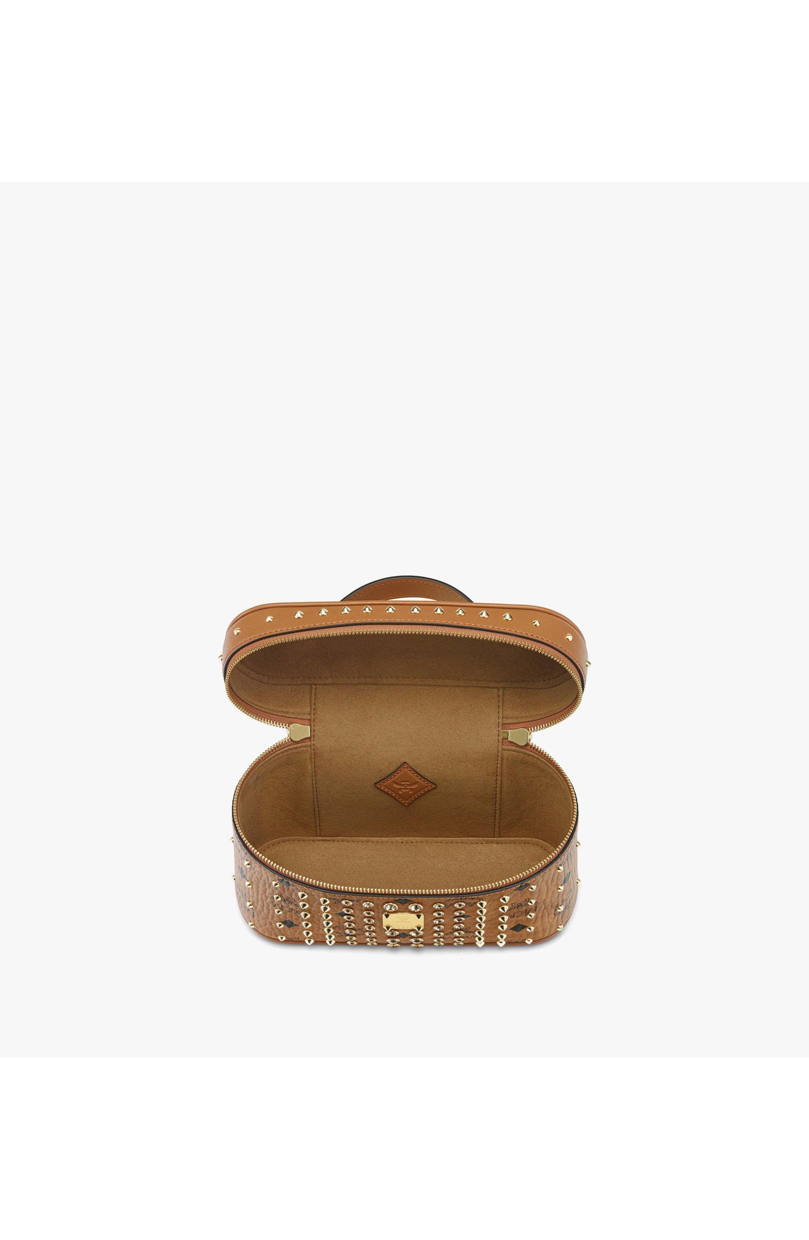 Small Rockstar Vanity Case in Gold Crystal Visetos, Alternate, color, Cognac