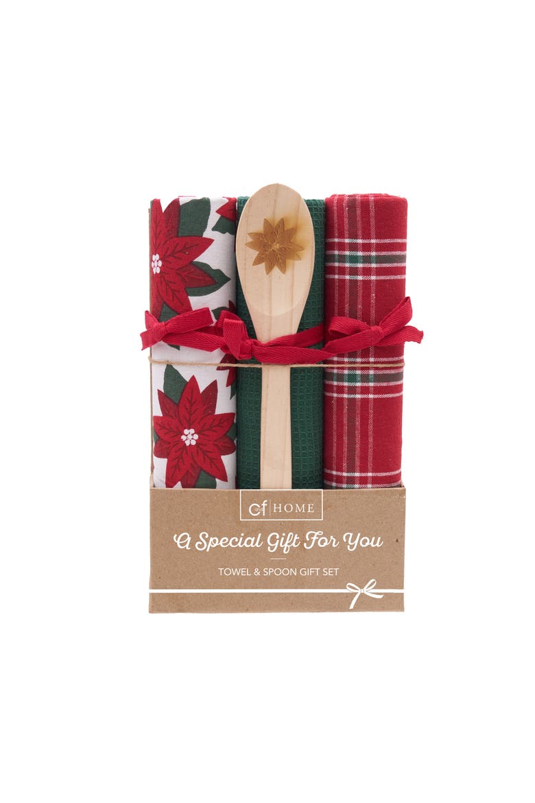 Poinsettia Plaid Towel & Spoon Gift Bundle Set of 4, Main, color, Red
