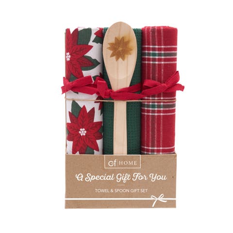 Poinsettia Plaid Towel & Spoon Gift Bundle Set of 4