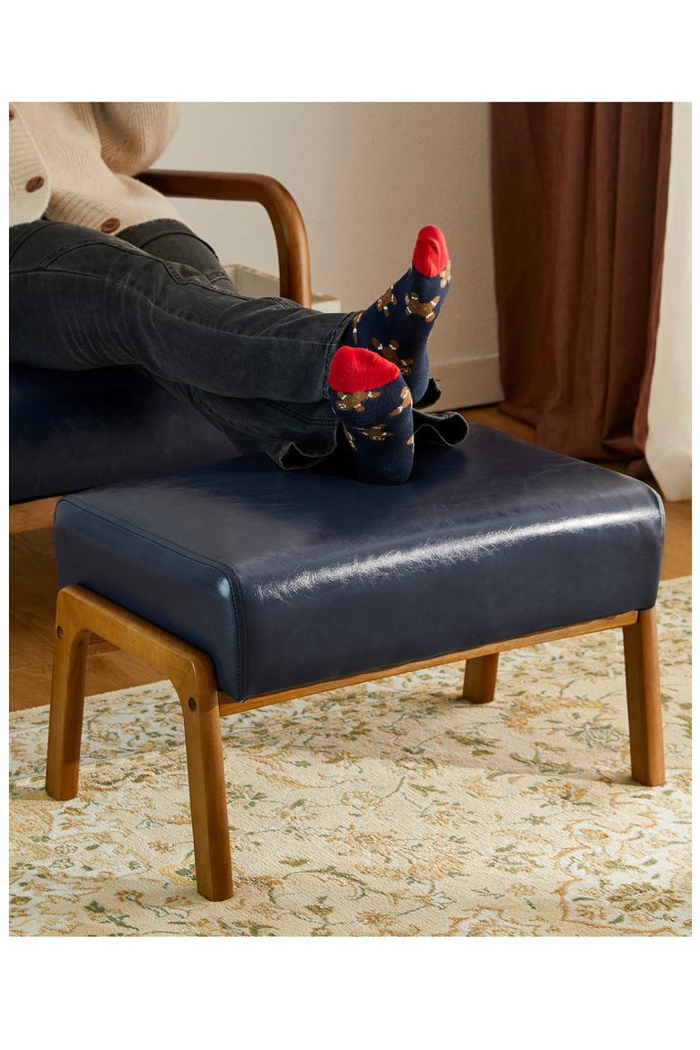 Mid-century Modern Faux Leather Accent Stool with Walnut Rubberwood Legs, Alternate, color, Navy Blue