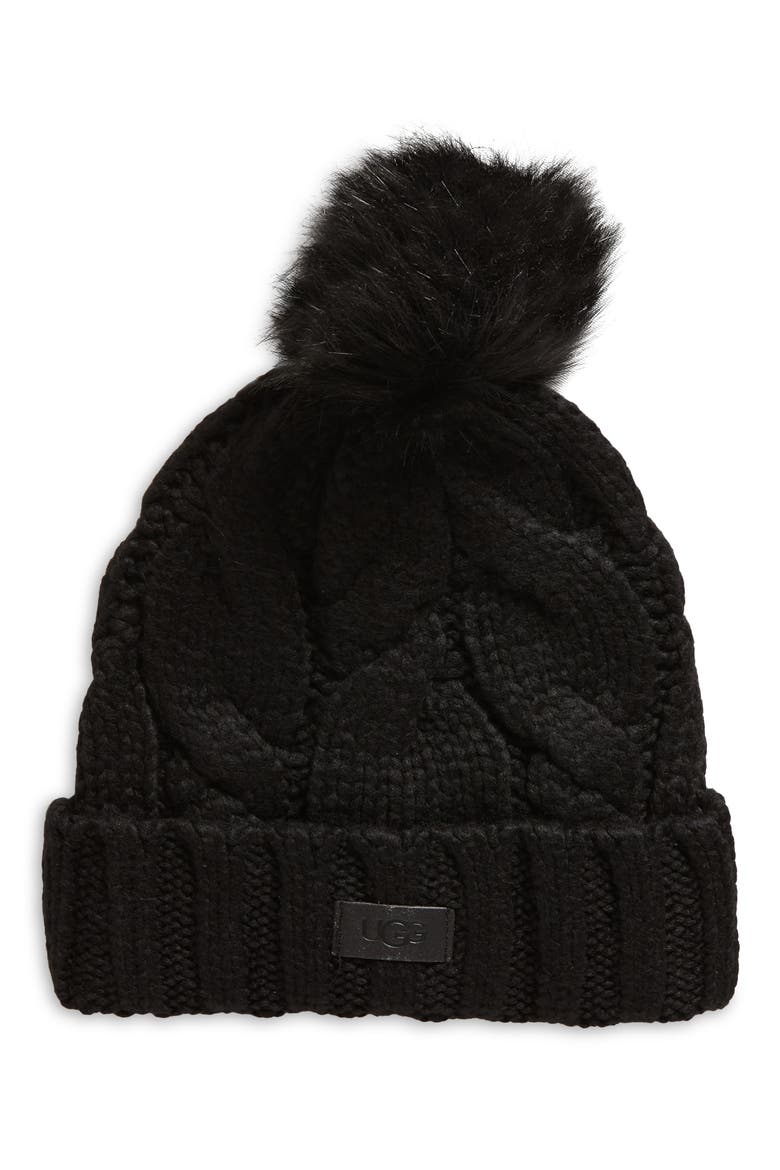 Cable Knit Pom Beanie, Main, color, BLACK