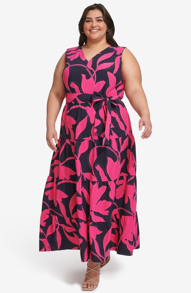 DKNY Floral Sleeveless Tiered Maxi Dress, Alternate, color, Navy/ Pink