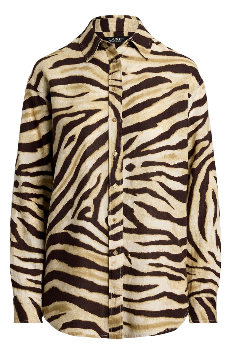 Lauren Ralph Lauren Zebra Stripe Relaxed Fit Linen Button-Up Shirt, Alternate, color, Cream/ Brown