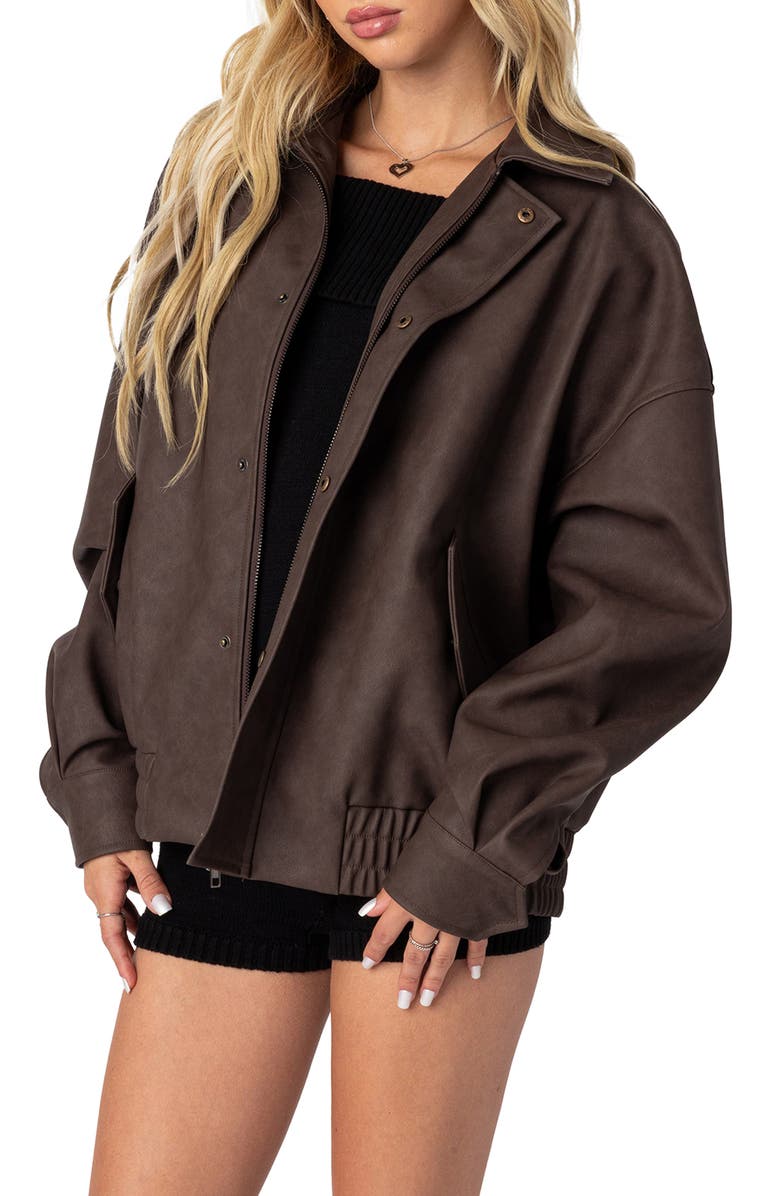 EDIKTED Mori Oversize Faux Leather Jacket, Alternate, color, Brown