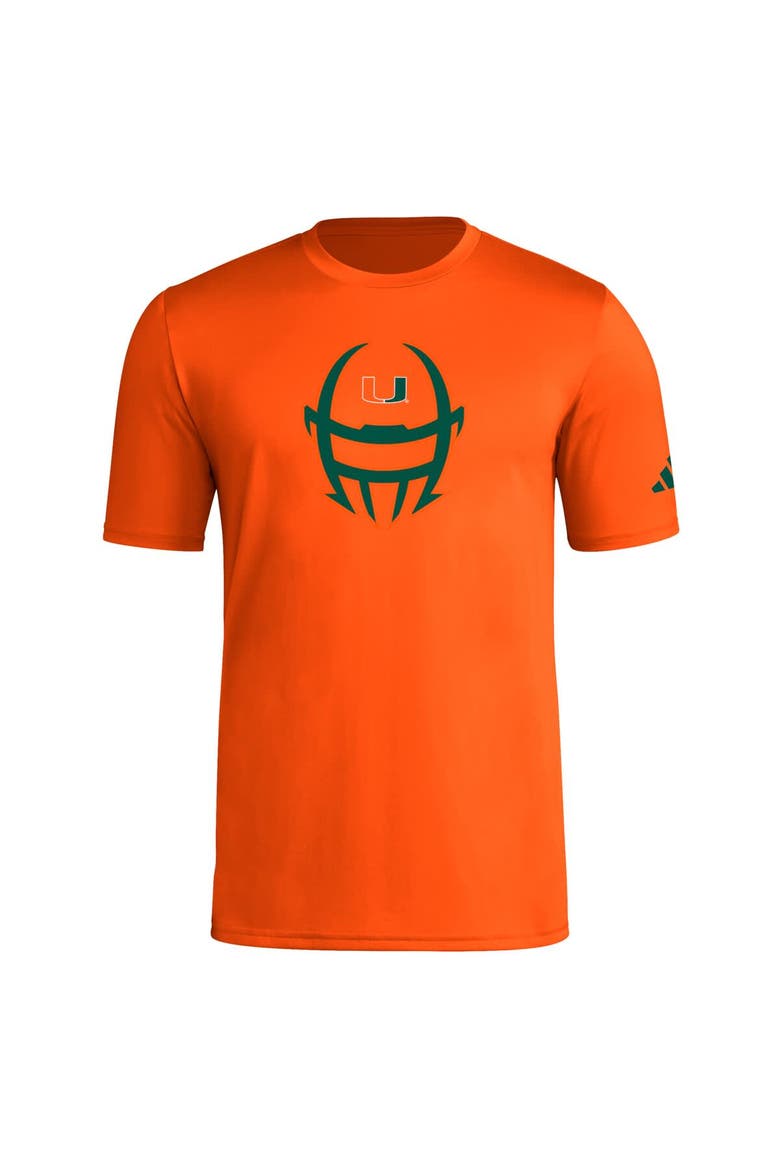 Men's adidas  Orange Miami Hurricanes Football Helmet Pre-Game AEROREADY T-Shirt, Alternate, color, Orange