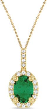 ALLUREZ Oval Lab  Emerald & Diamond Halo Pendant Necklace 14K