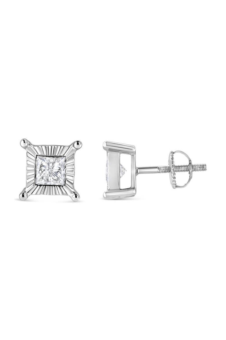Silver 1.0 Cttw Diamond Miracle Princess Solitaire Stud Earrings, Alternate, color, White