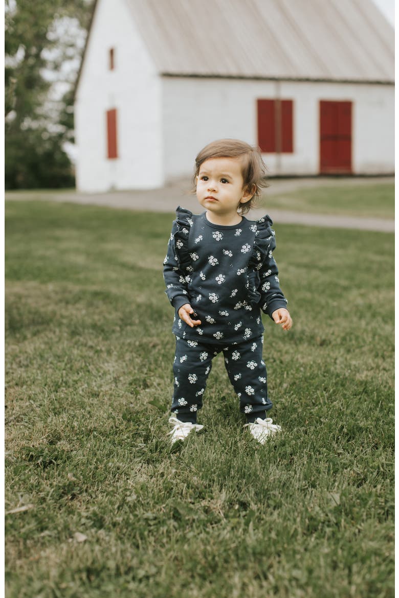 Floral Print Ruffle Fleece Sweatshirt & Joggers Set, Alternate, color, NAVY