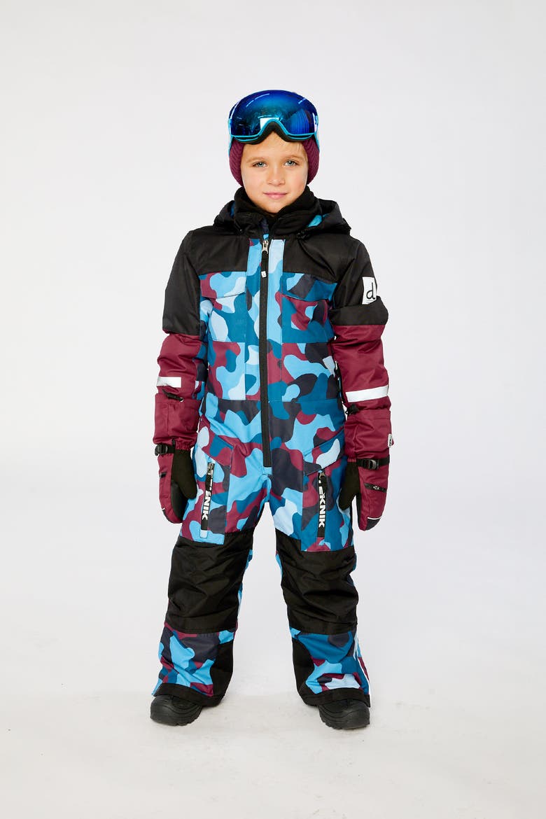 Teknik Camouflage Fleece Lined & Reinforced Knees One Piece Snowsuit, Alternate, color, Blue and Red Camouflage