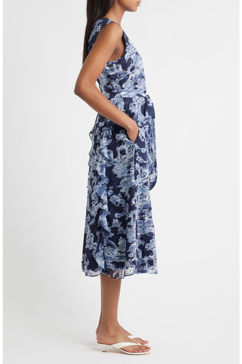 Landscape Print Sleeveless Midi Dress, Alternate, color, NAVY IVORY