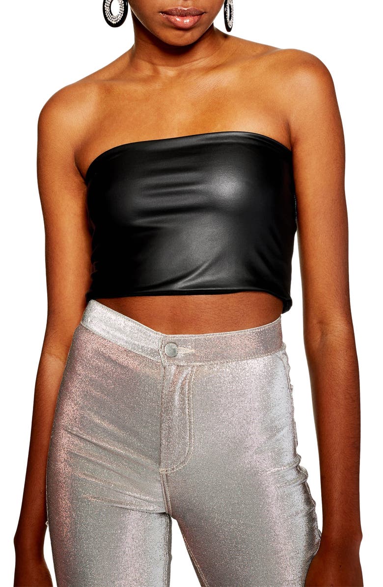 Topshop Faux Leather Bandeau Top, Main, color,