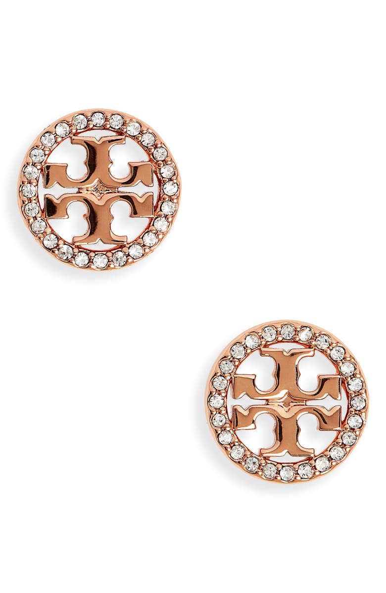 Tory Burch Icon Pavé Circle Stud Earrings, Main, color, Rose Gold/ Crystal