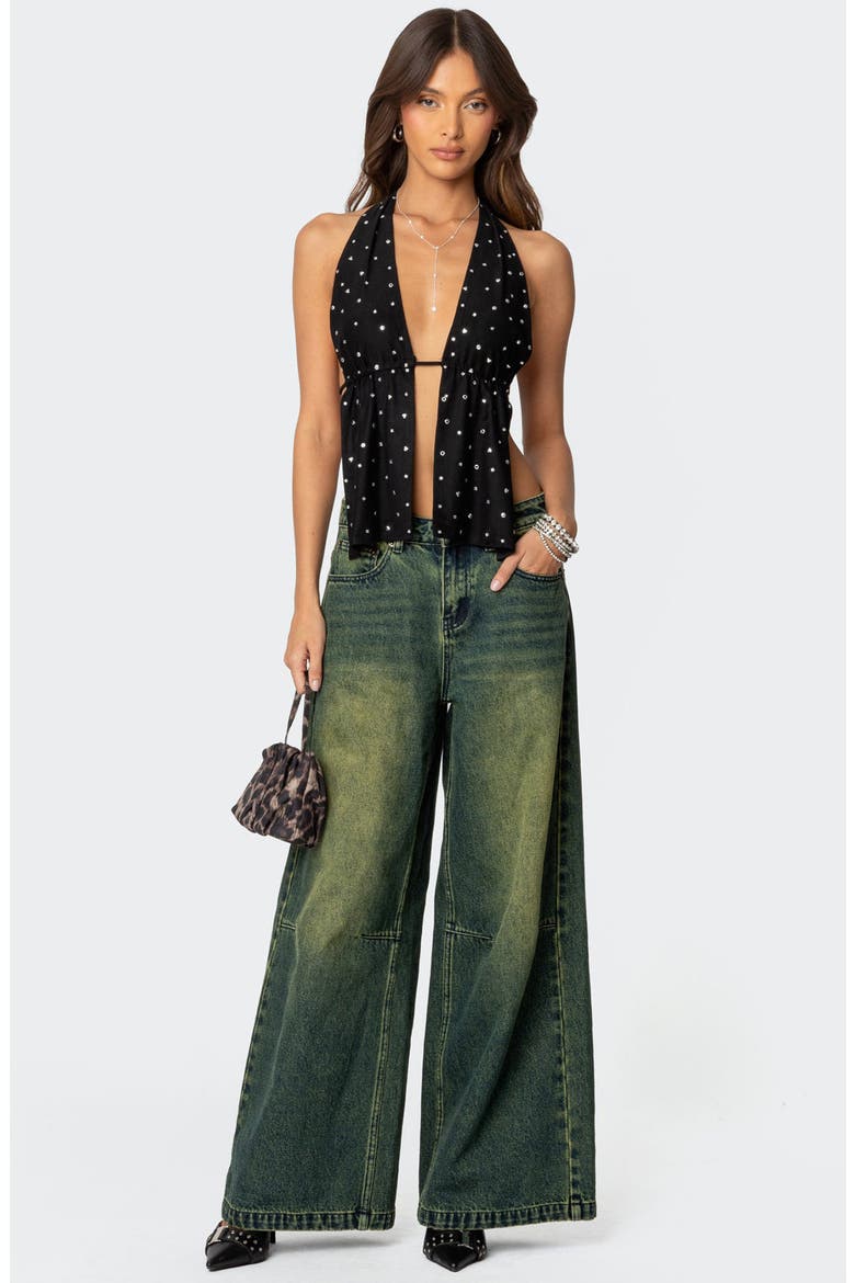 Studded Split Front Open Back Halter Top, Alternate, color, BLACK