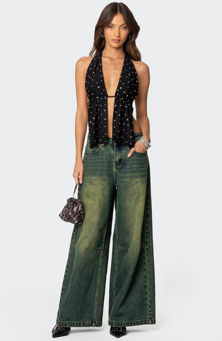 EDIKTED Studded Split Front Open Back Halter Top, Alternate, color, Black