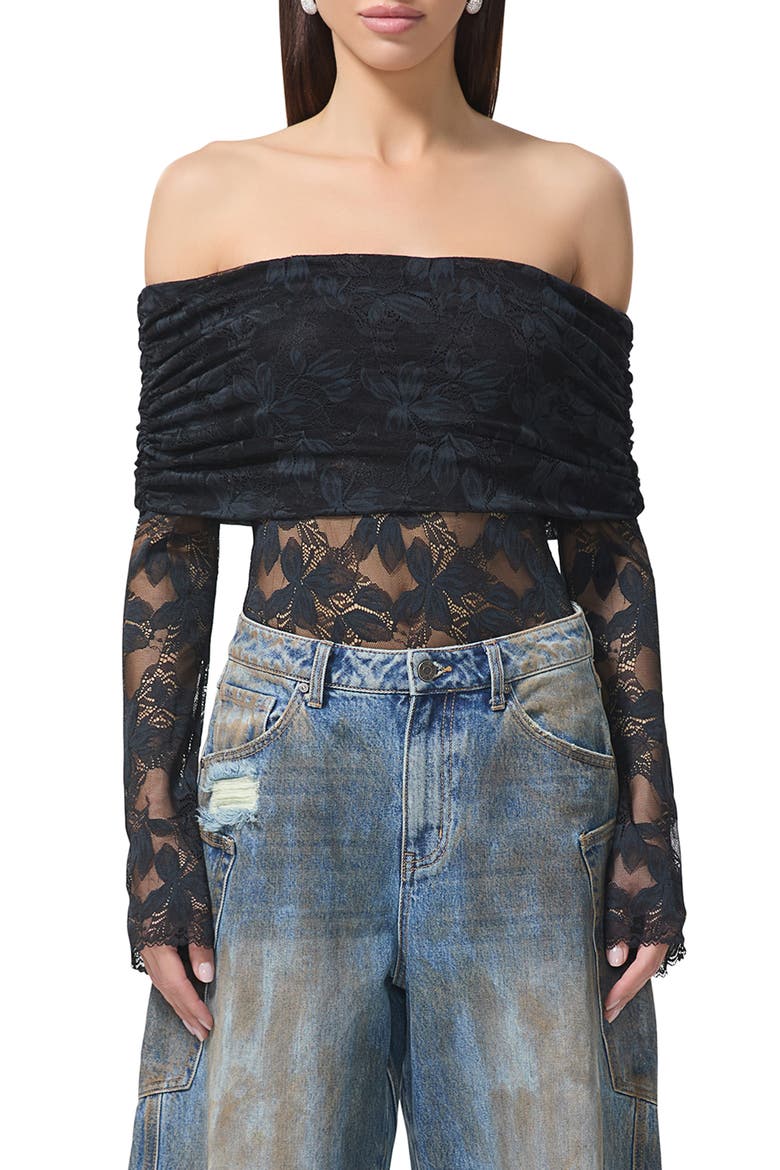 Lennox Ruched Off the Shoulder Lace Bodysuit, Main, color, NOIR